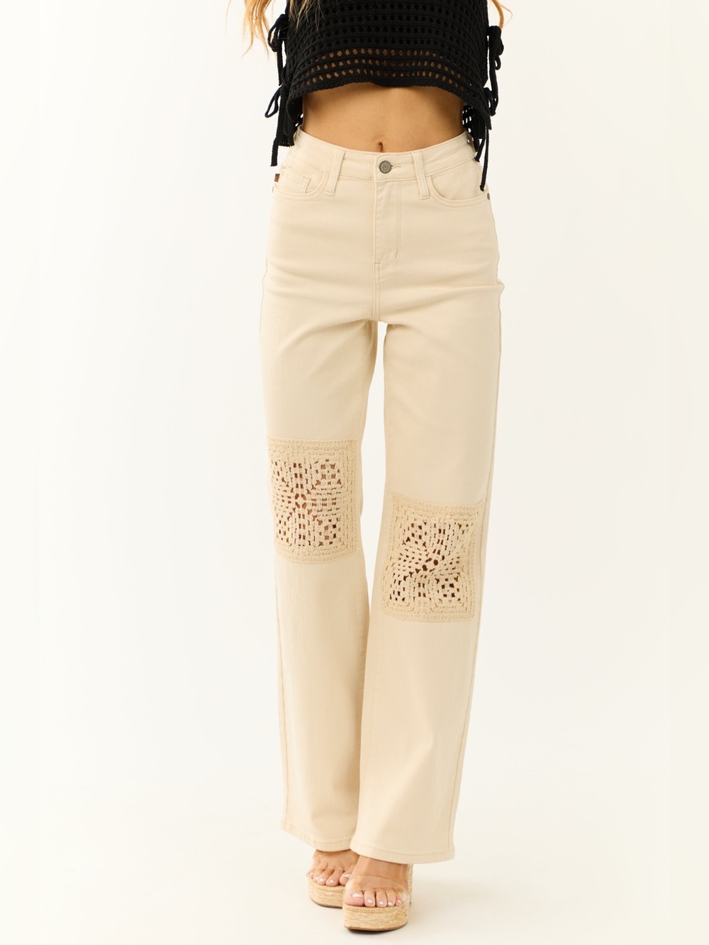Judy Blue Cream High Rise Crochet Patch Jeans